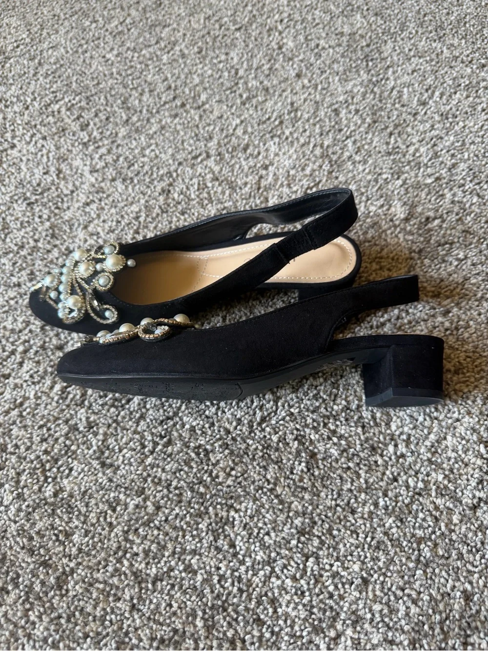 J.Renee Black Pearl & Crystal Embellished Kitten Heel Dressy Slingbacks Sz 8 - Picture 6 of 9